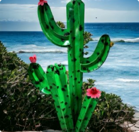 A cactus with flowers on it's head and arms.