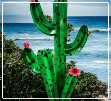 A cactus with flowers in it's mouth near the ocean.