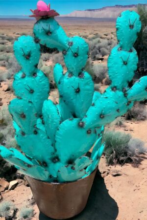 A cactus with blue flowers in it's pot.