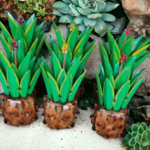 Three small plants are in a group on the ground.